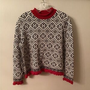 TALBOTS VINTAGE SIZE LARGE BLACK AND WHITE NORDIC SNOWFLAKE FAIR ISLE SWEATER